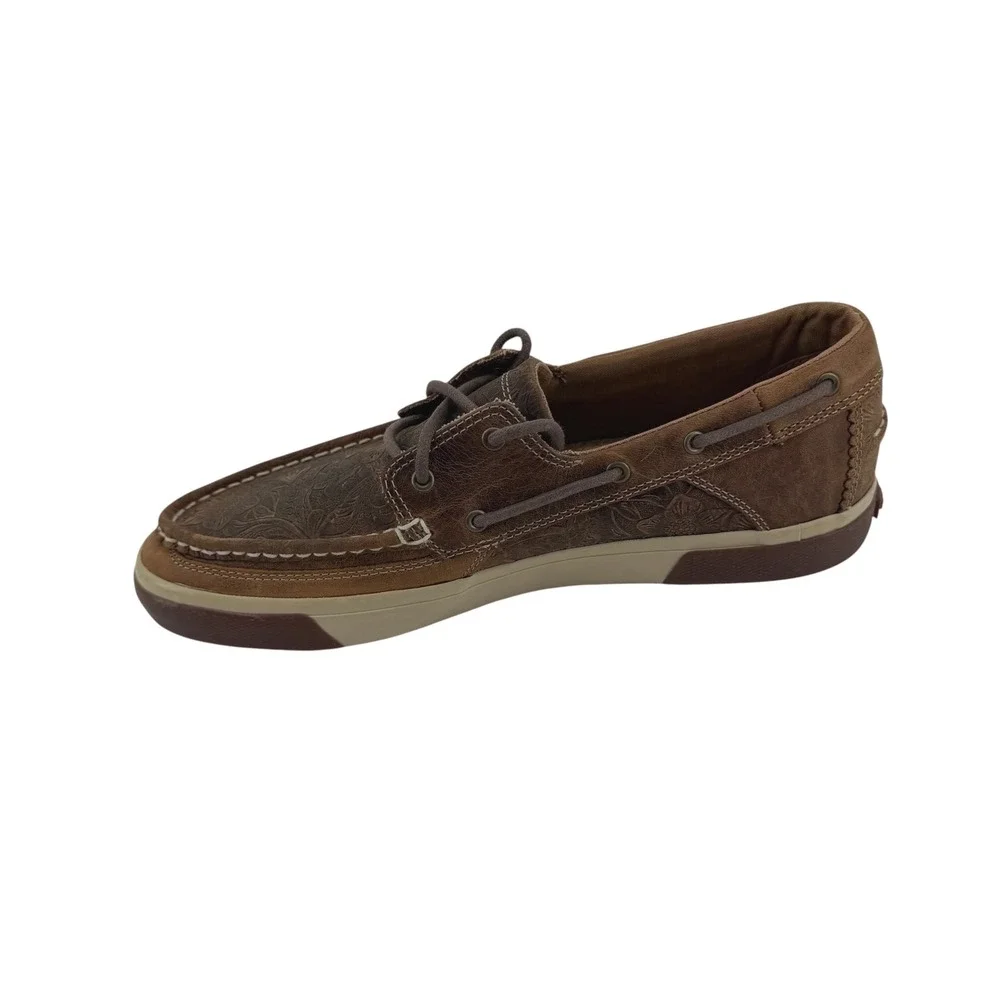 Durango Women Sandstone Floral Tooled Leather Boat Shoes Brown Loafers Size 10M
